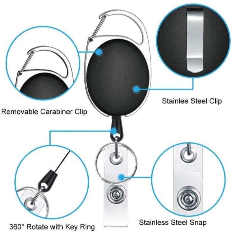 Retractable black keychain ID badge holder with stainless steel clip and snap