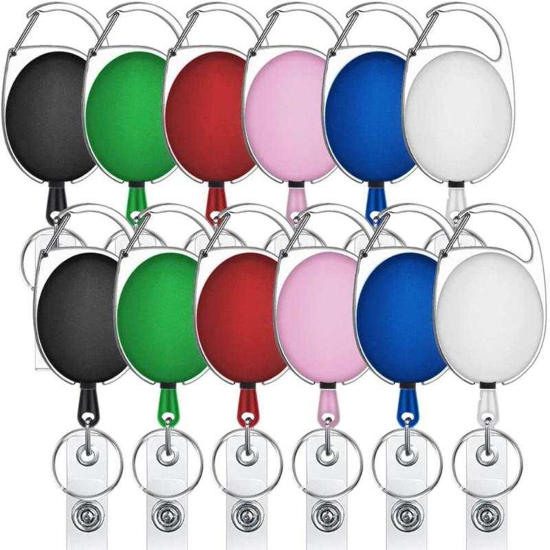 Assorted retractable keychain holders in black, green, red, pink, blue, and white