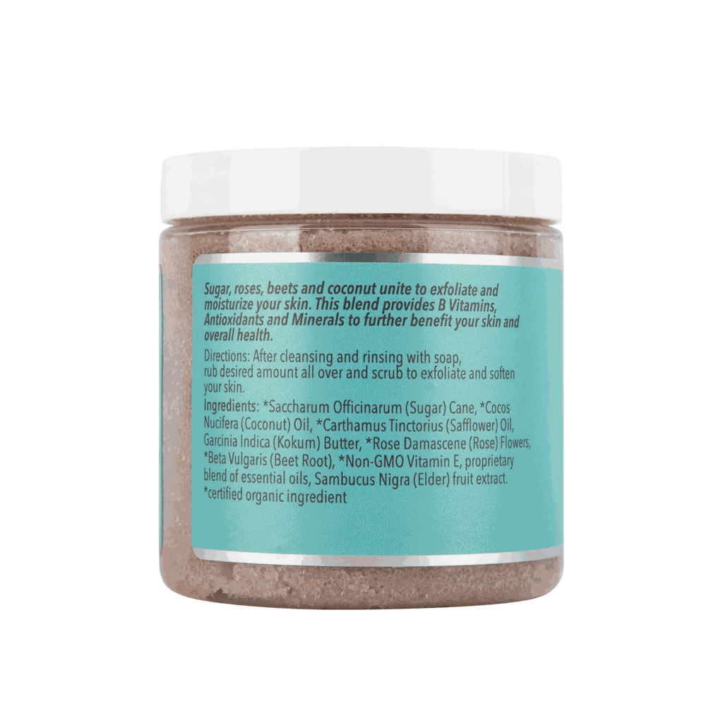 Rose Crush body scrub jar back label with directions and ingredient list text