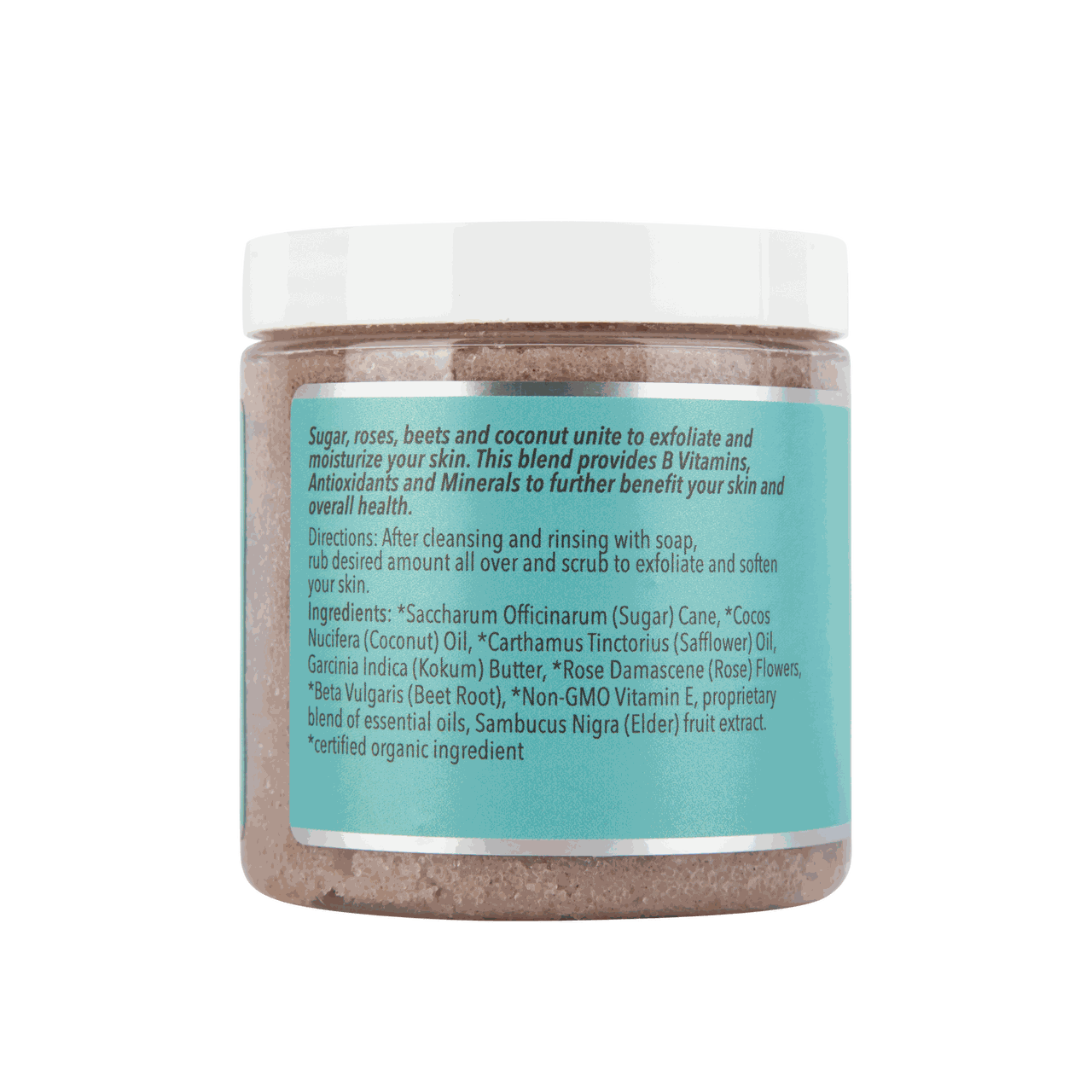 Rose Crush body scrub jar back label with directions and ingredient list text