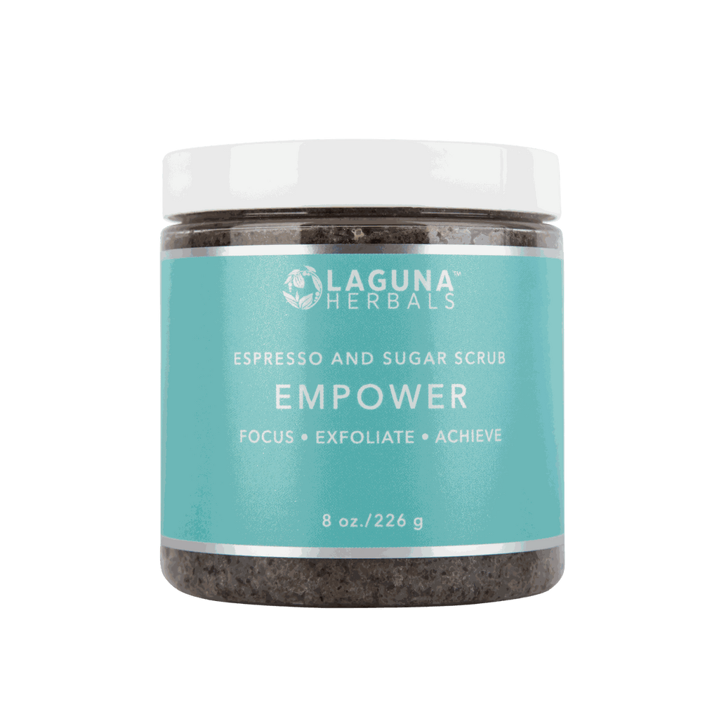 Laguna Herbals Empower body scrub jar with teal label and white lid