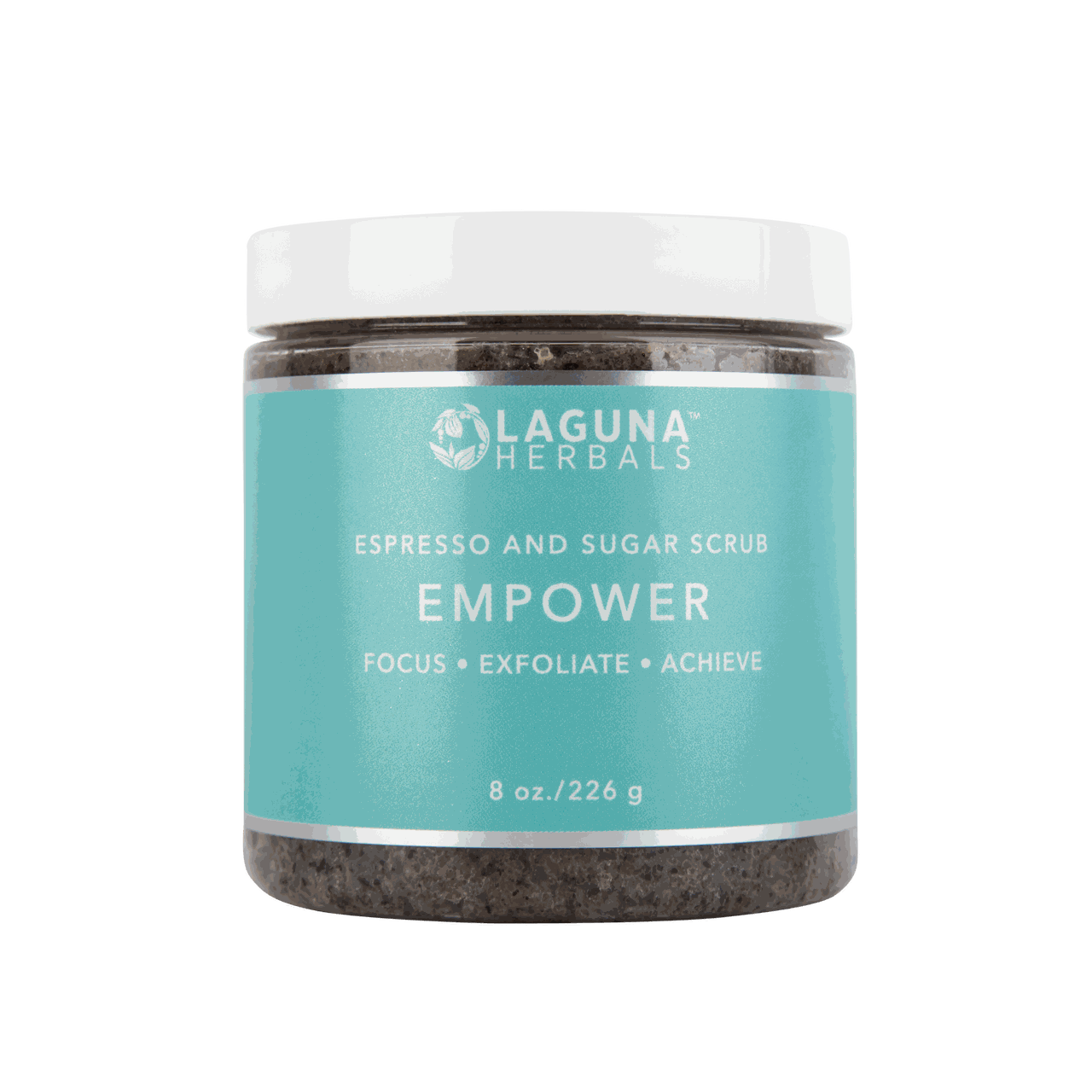 Laguna Herbals Empower body scrub jar with teal label and white lid