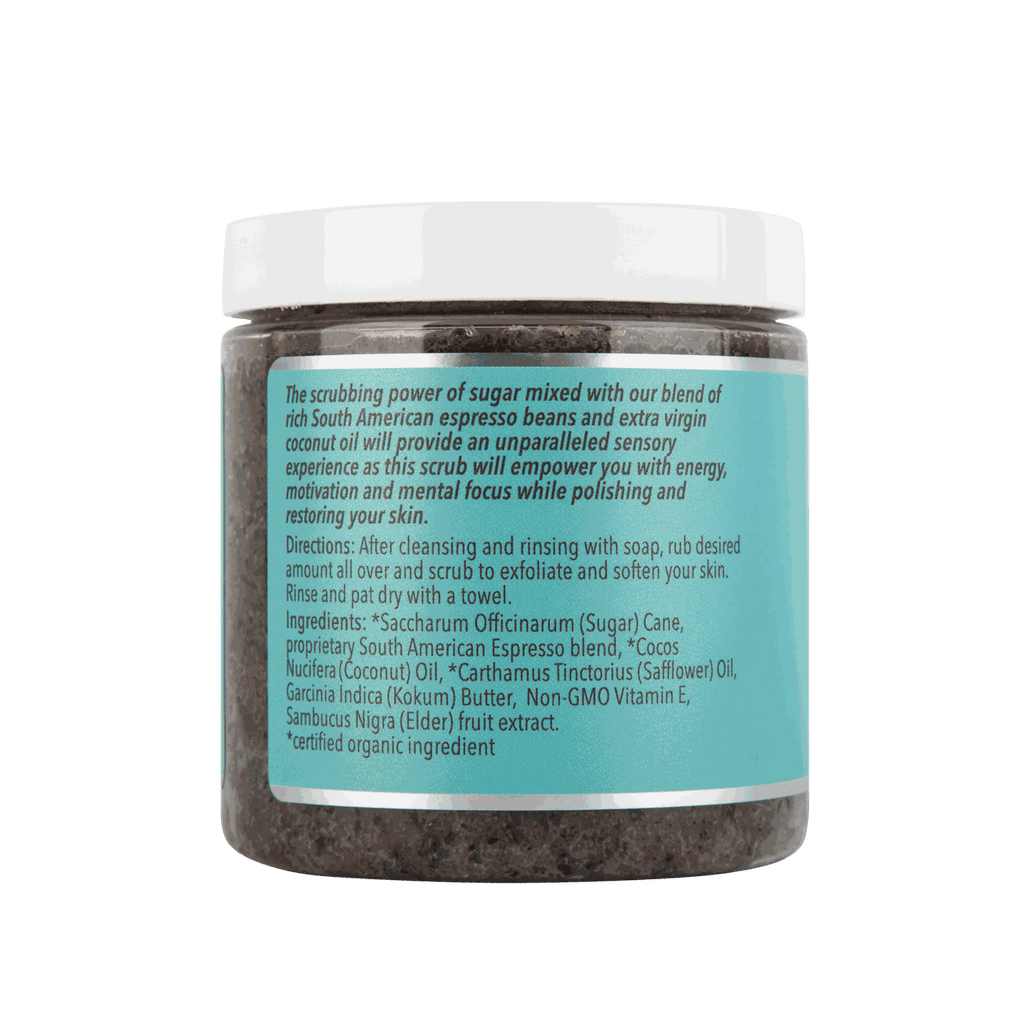 Body scrub jar back label with ingredient and direction text, teal label