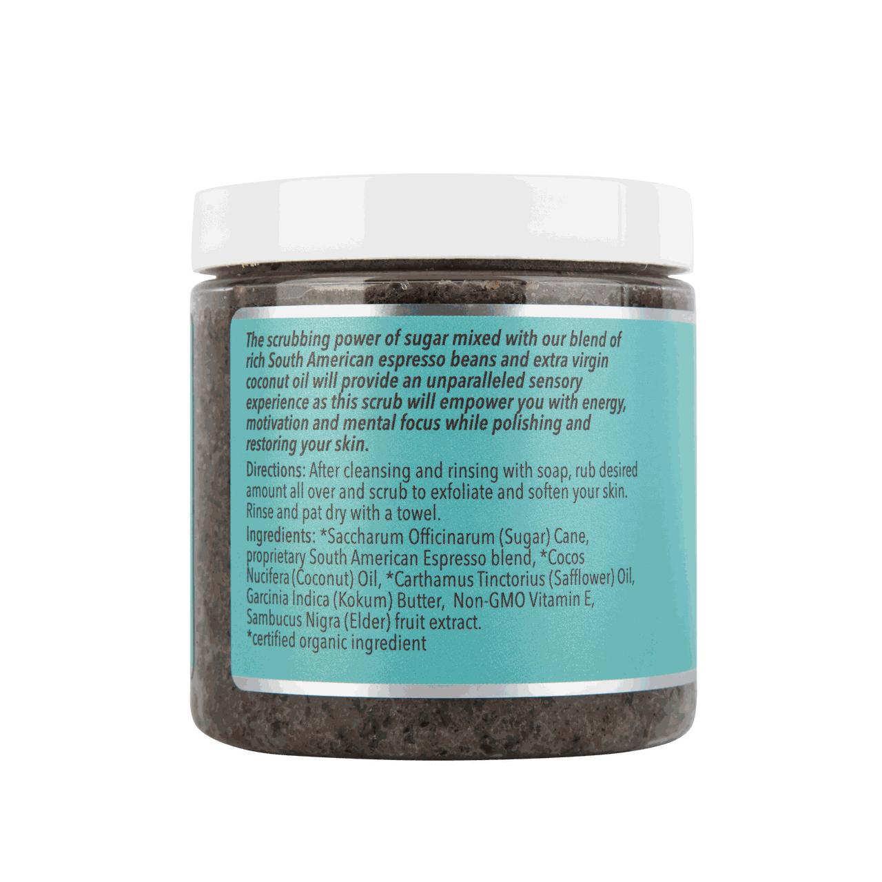 Body scrub jar back label with ingredient and direction text, teal label