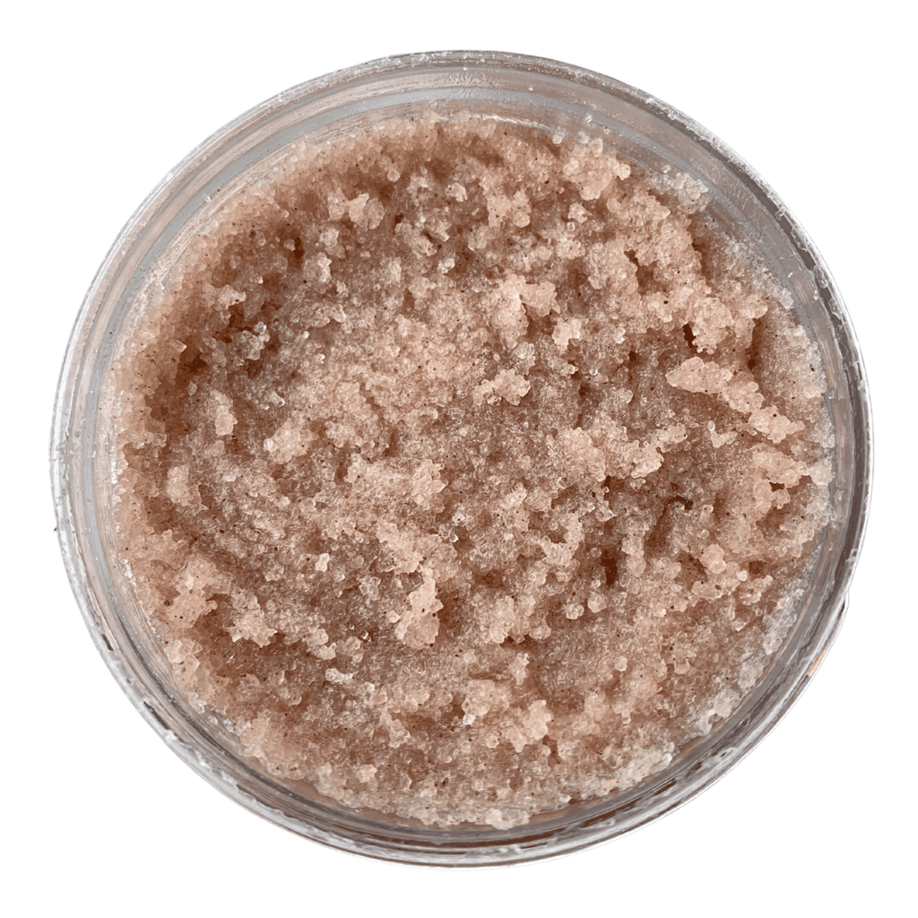 Rose Crush exfoliating scrub granules in jar, sugar crystals with rose-brown texture