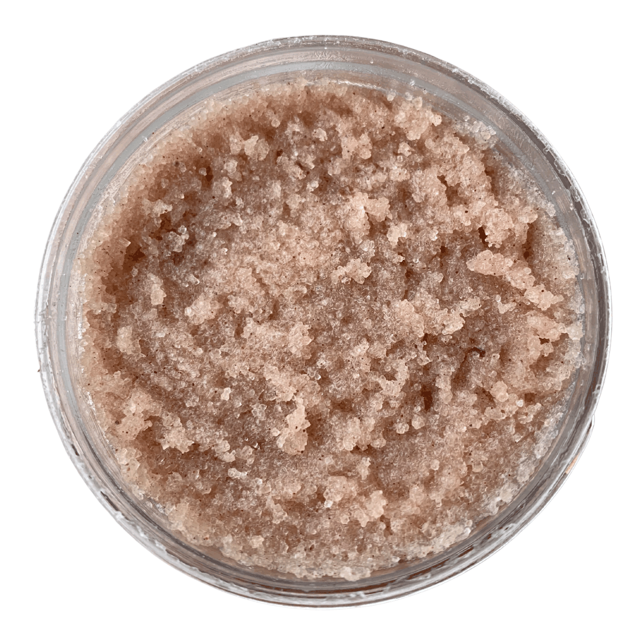 Rose Crush exfoliating scrub granules in jar, sugar crystals with rose-brown texture