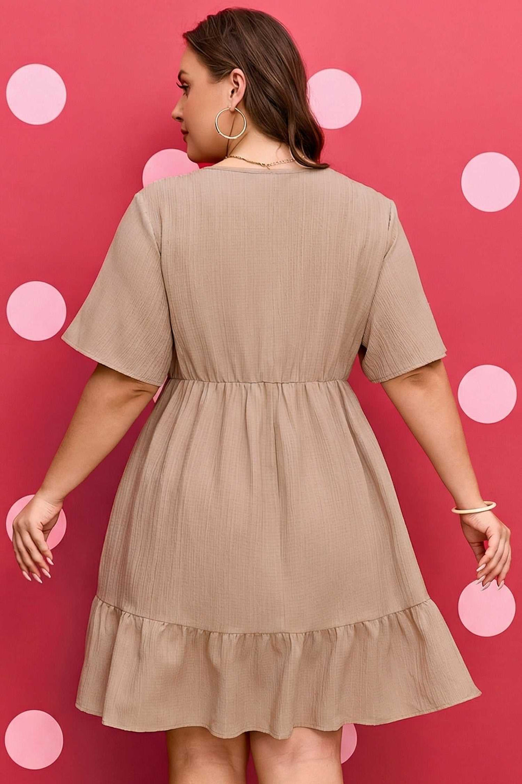 Back view: dark khaki plus-size textured short-sleeve dress with tiered ruffles