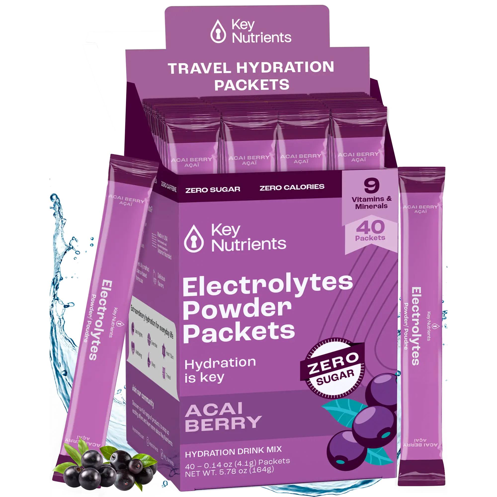 Electrolytes Powder Packets – Acai Berry, zero sugar, hydration drink mix, 40 pack