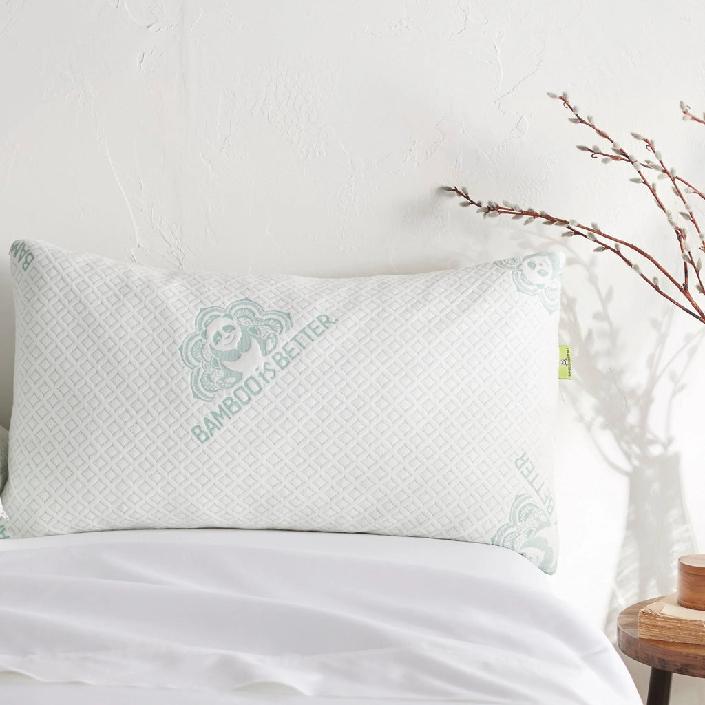 Adjustable bamboo cooling pillow, white cushion with mint logo and subtle textured weave