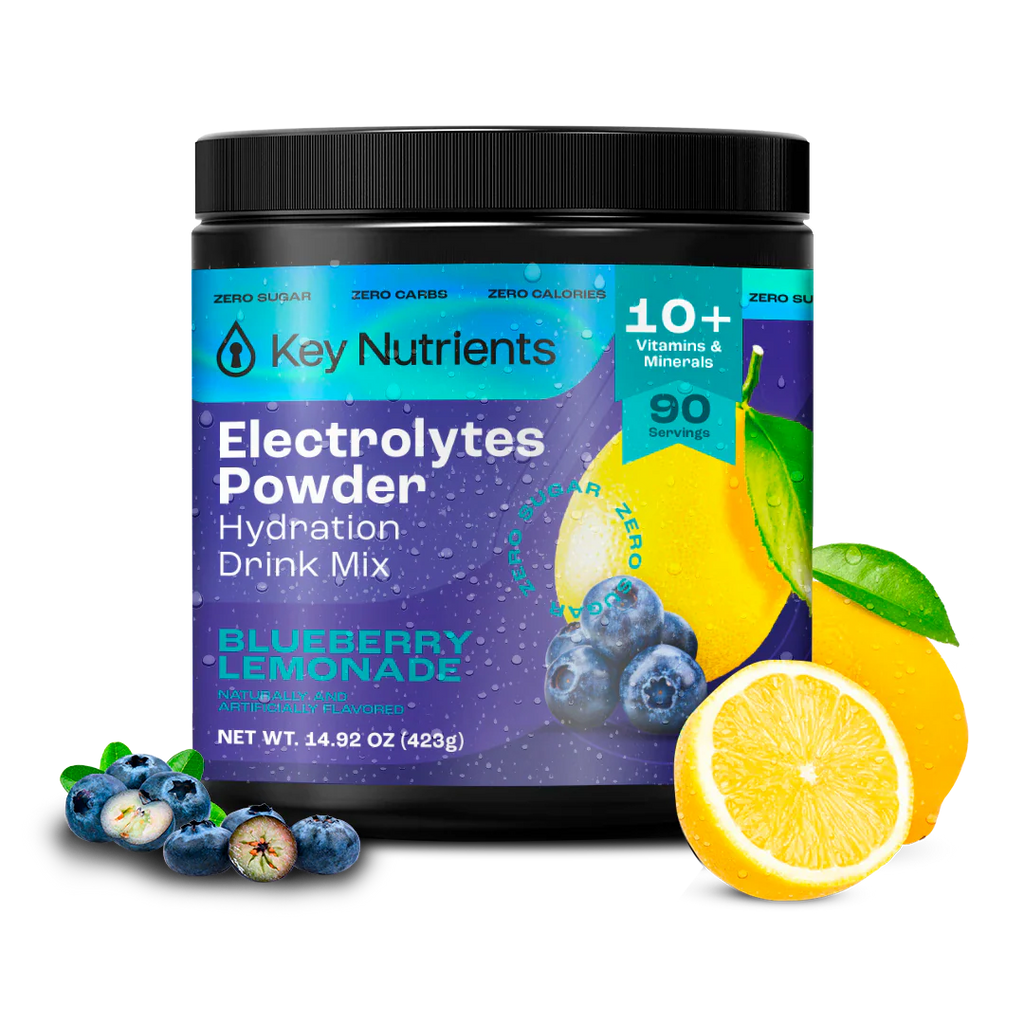 Electrolytes Powder jar, blueberry lemonade flavor with blueberries and lemon half