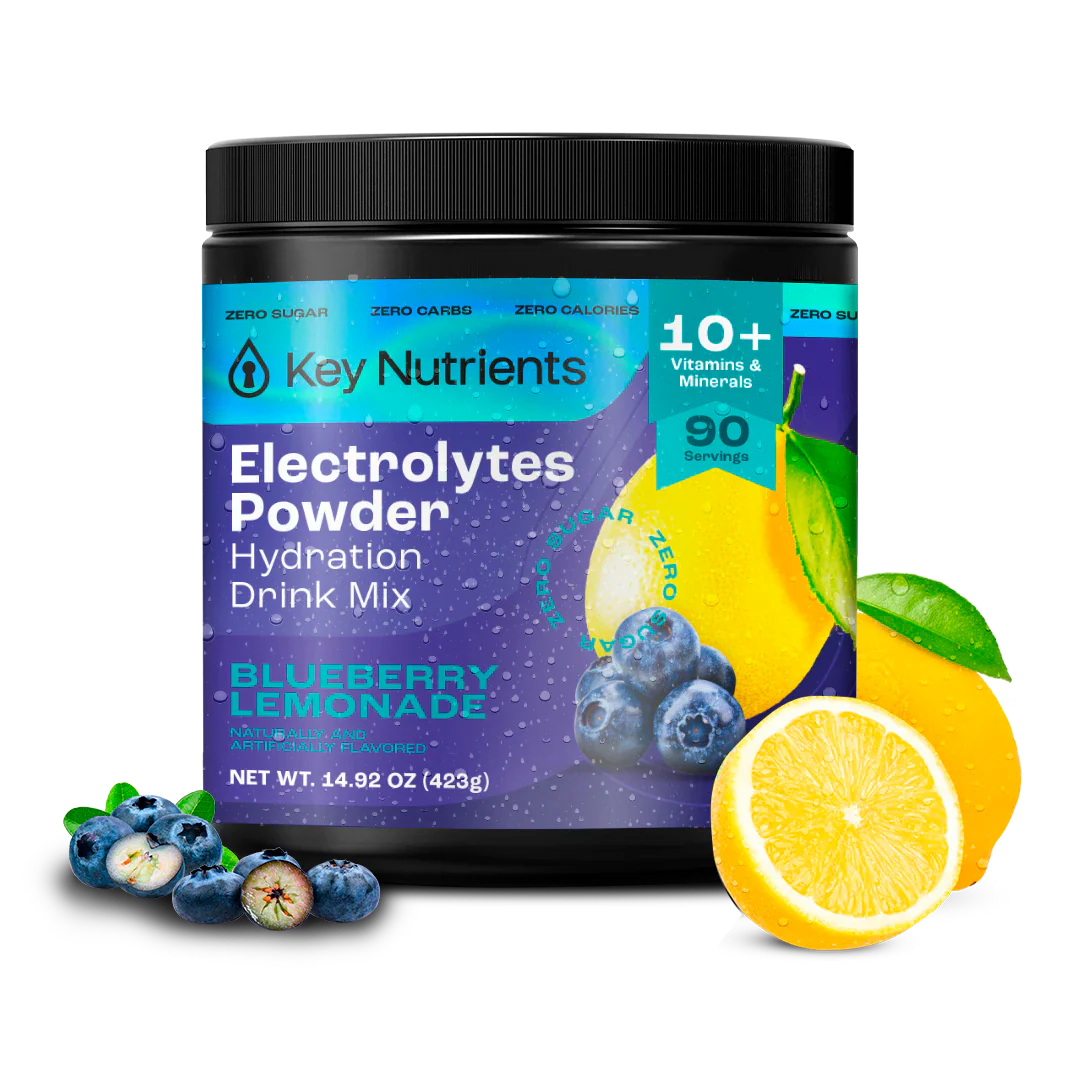 Electrolytes Powder jar, blueberry lemonade flavor with blueberries and lemon half