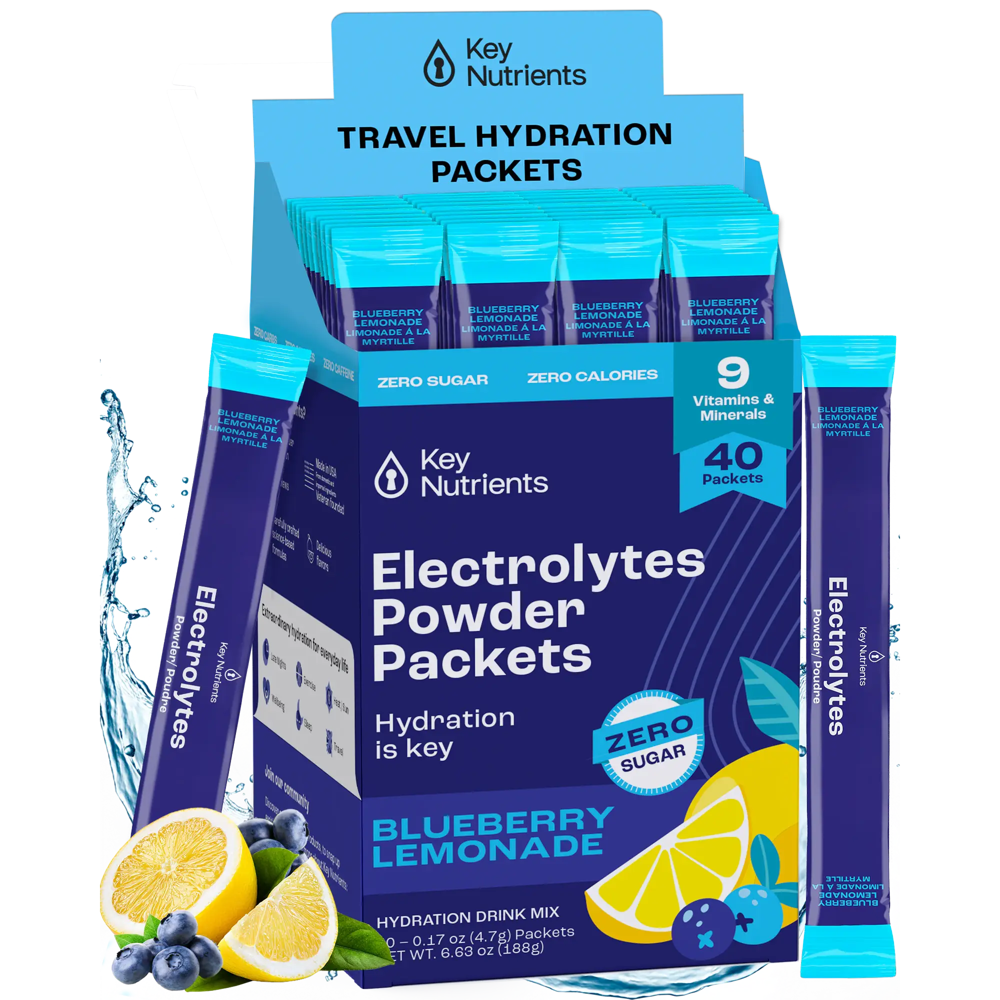 Blueberry Lemonade electrolyte powder packets, zero sugar, 40-pack travel set