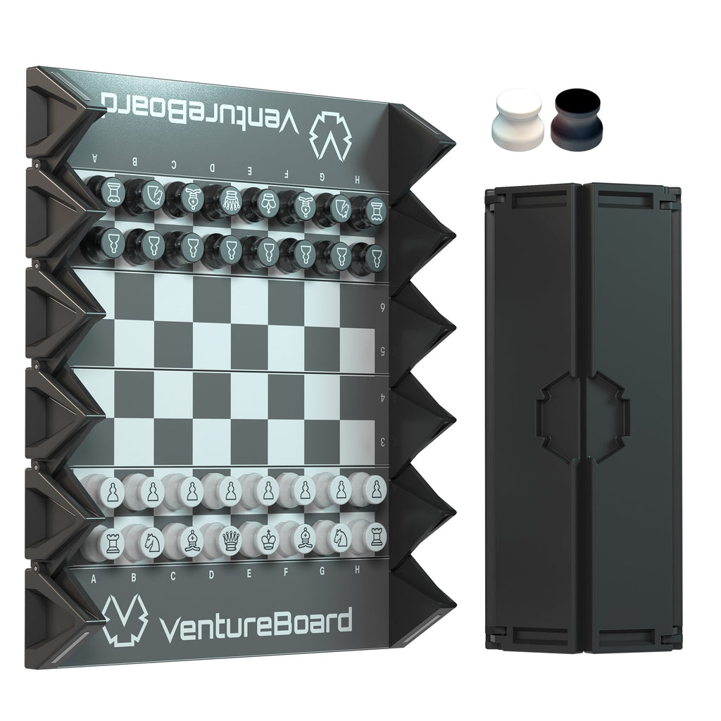 Mini échecs Noir VentureBoard, échiquier déplié avec pions noirs et blancs et étui pliant