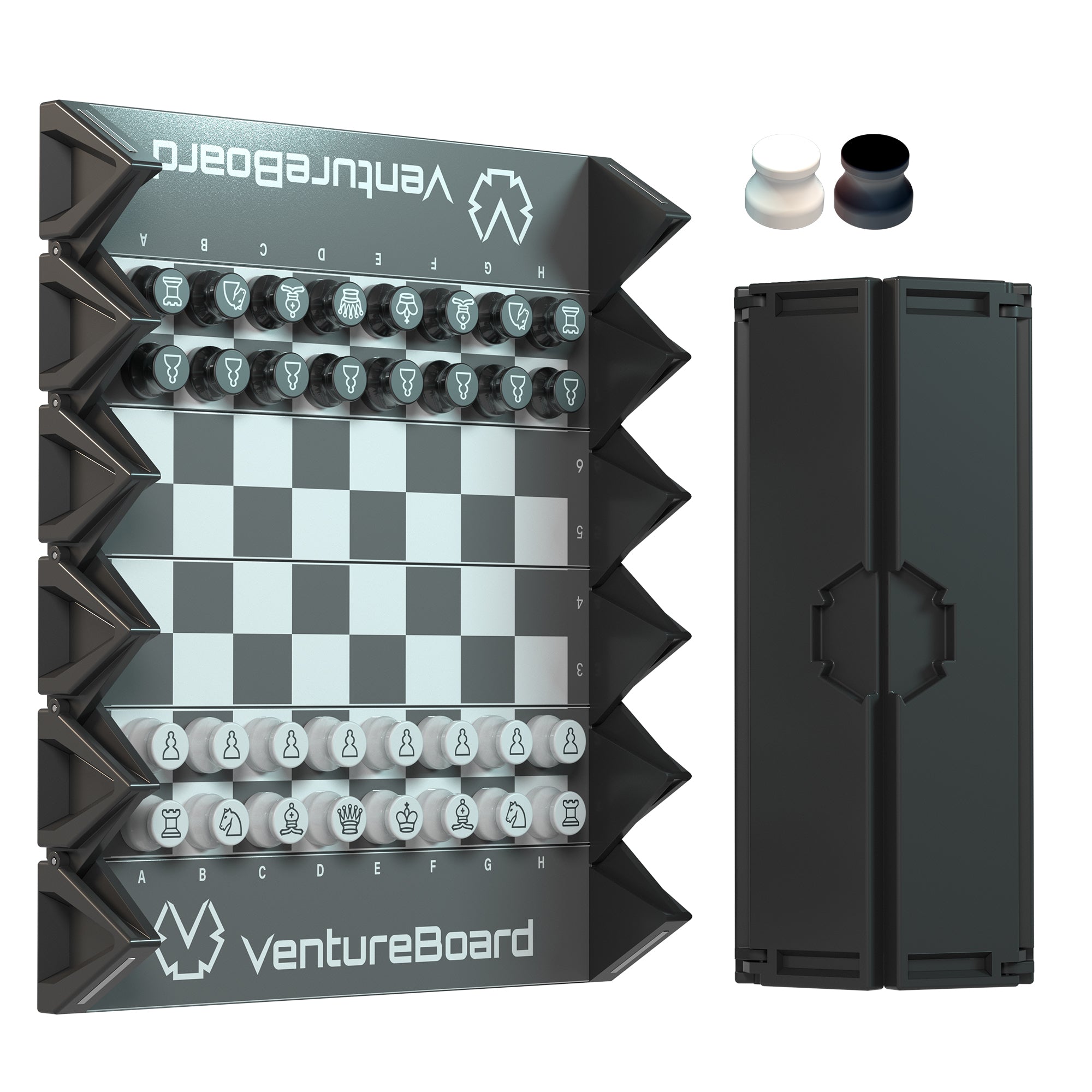Mini échecs Noir VentureBoard, échiquier déplié avec pions noirs et blancs et étui pliant