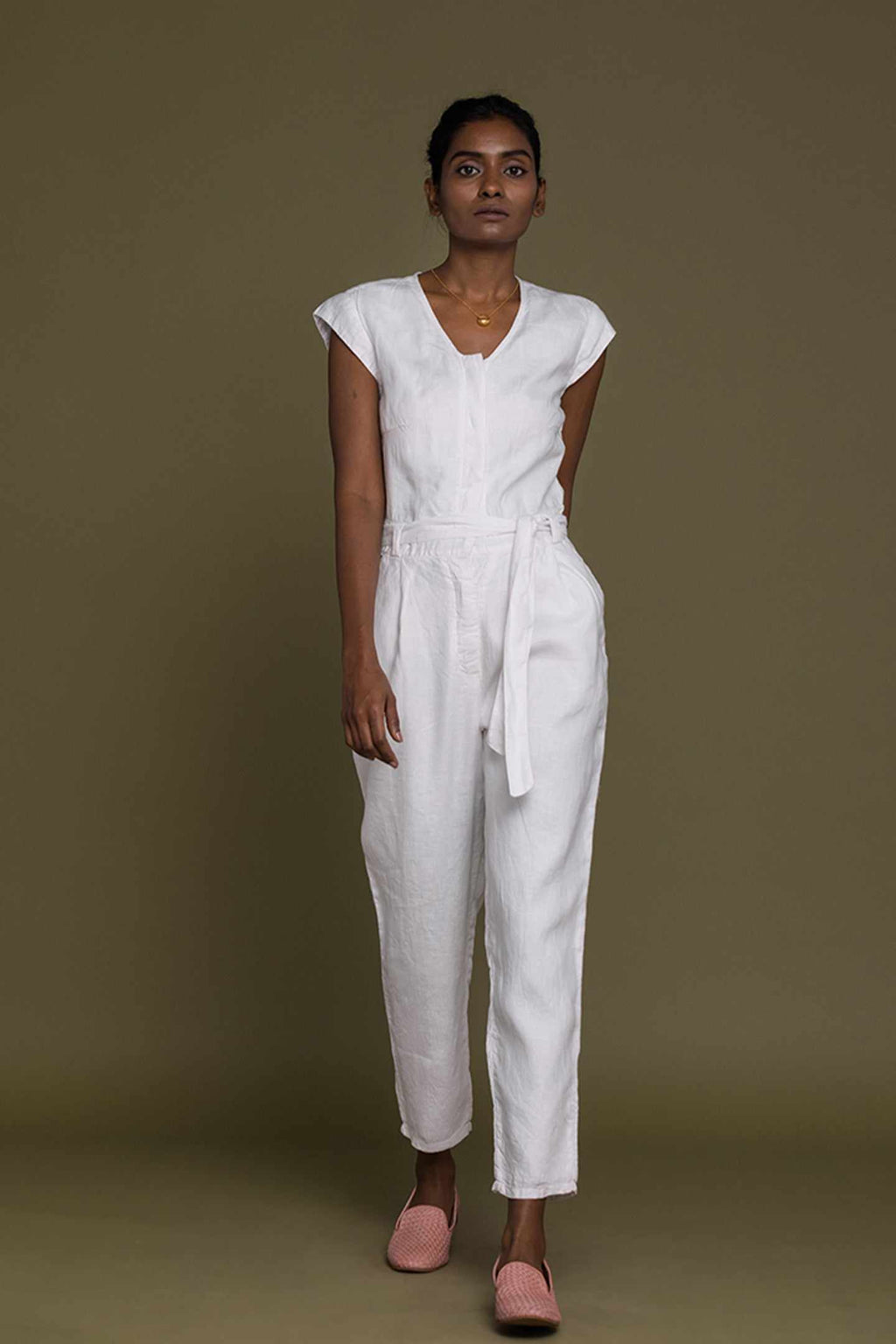 Evening Chai jumpsuit in white; V-neck, short sleeves, tie-belt waist, cropped tapered legs