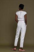Evening Chai jumpsuit, white, back view; short sleeves, tie-belt waist, tapered legs