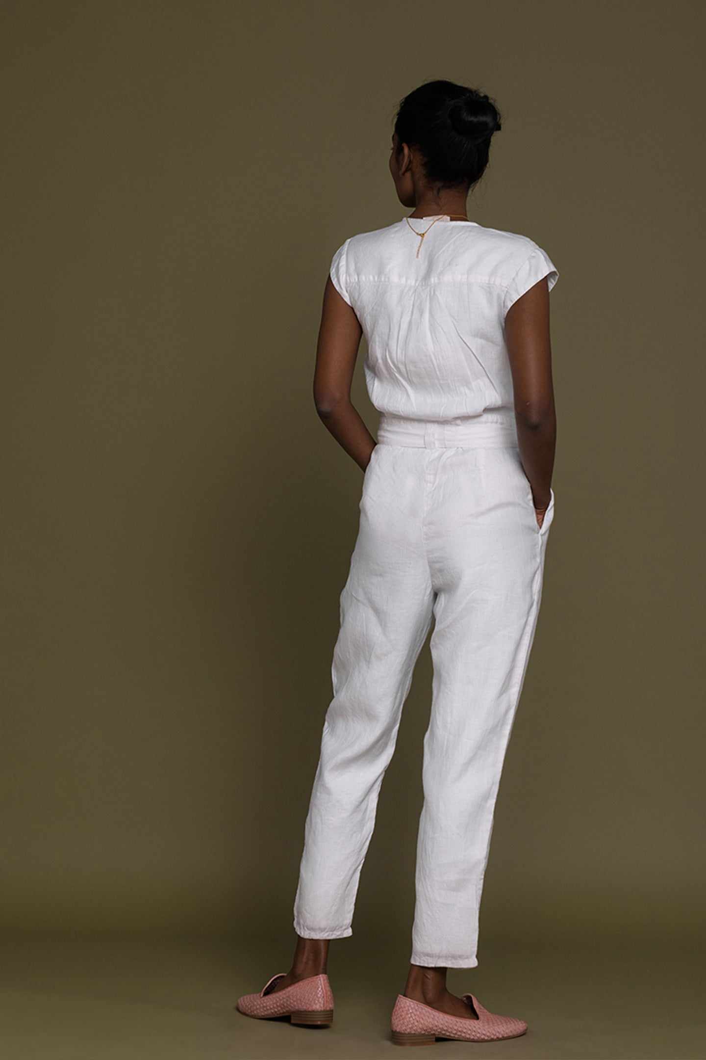 Evening Chai jumpsuit, white, back view; short sleeves, tie-belt waist, tapered legs