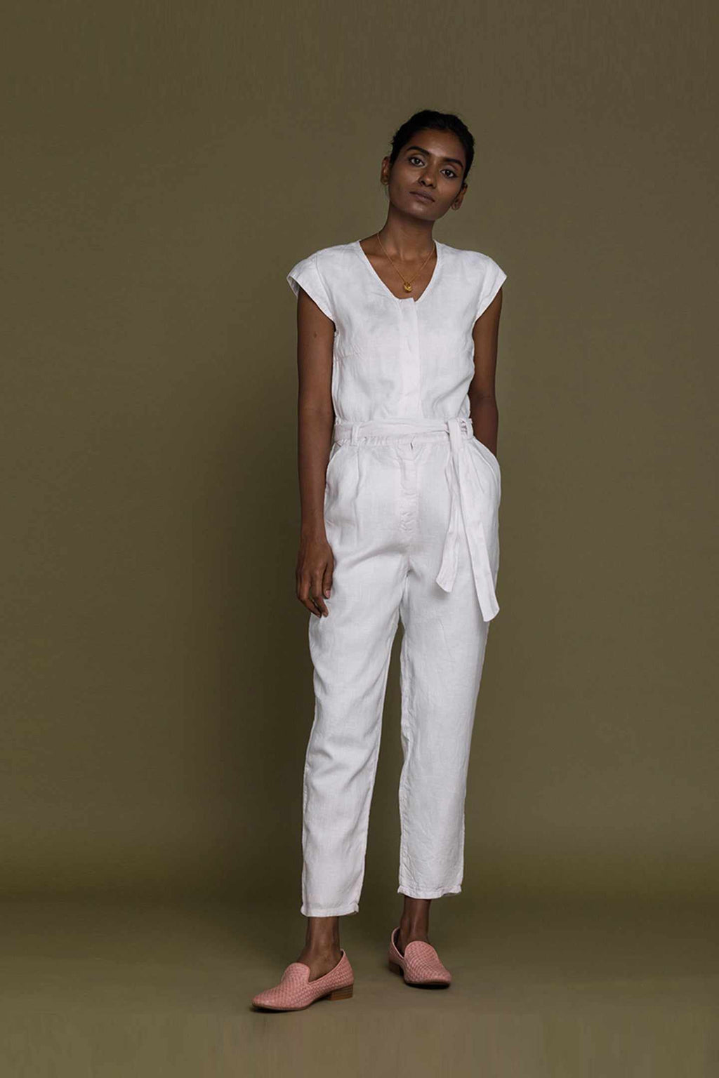 Evening Chai jumpsuit white; V-neck, short sleeves, gathered tie-waist, tapered fit