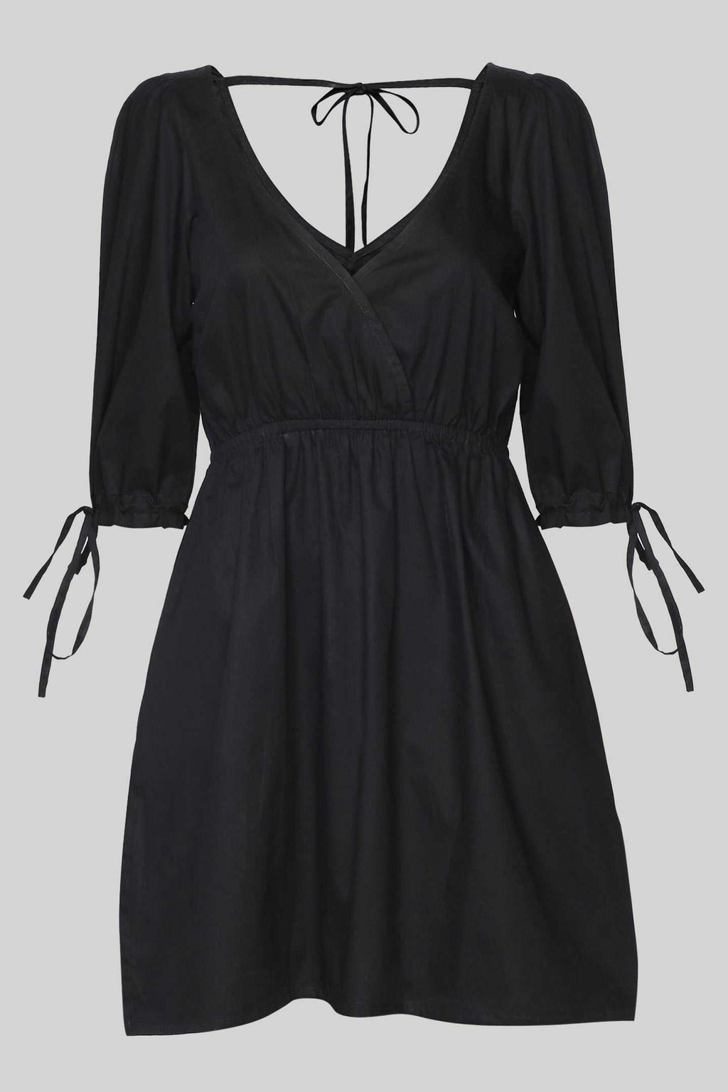 Black short dress back view, open V with tie, gathered waist, bow-tied sleeves