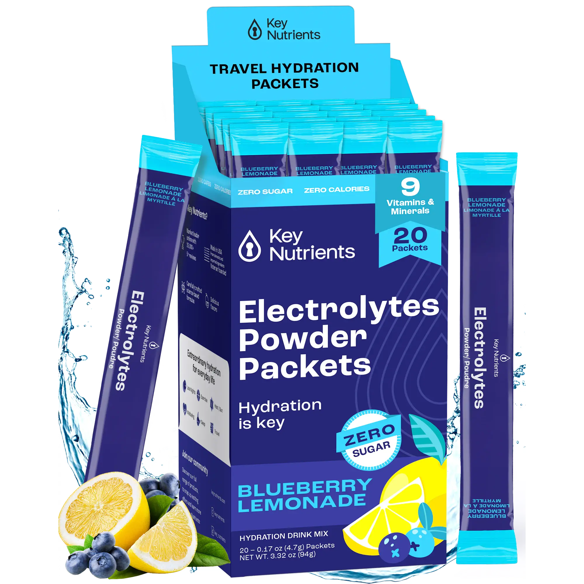 Blueberry Lemonade Electrolytes Powder Packets, zero sugar, 20-pack