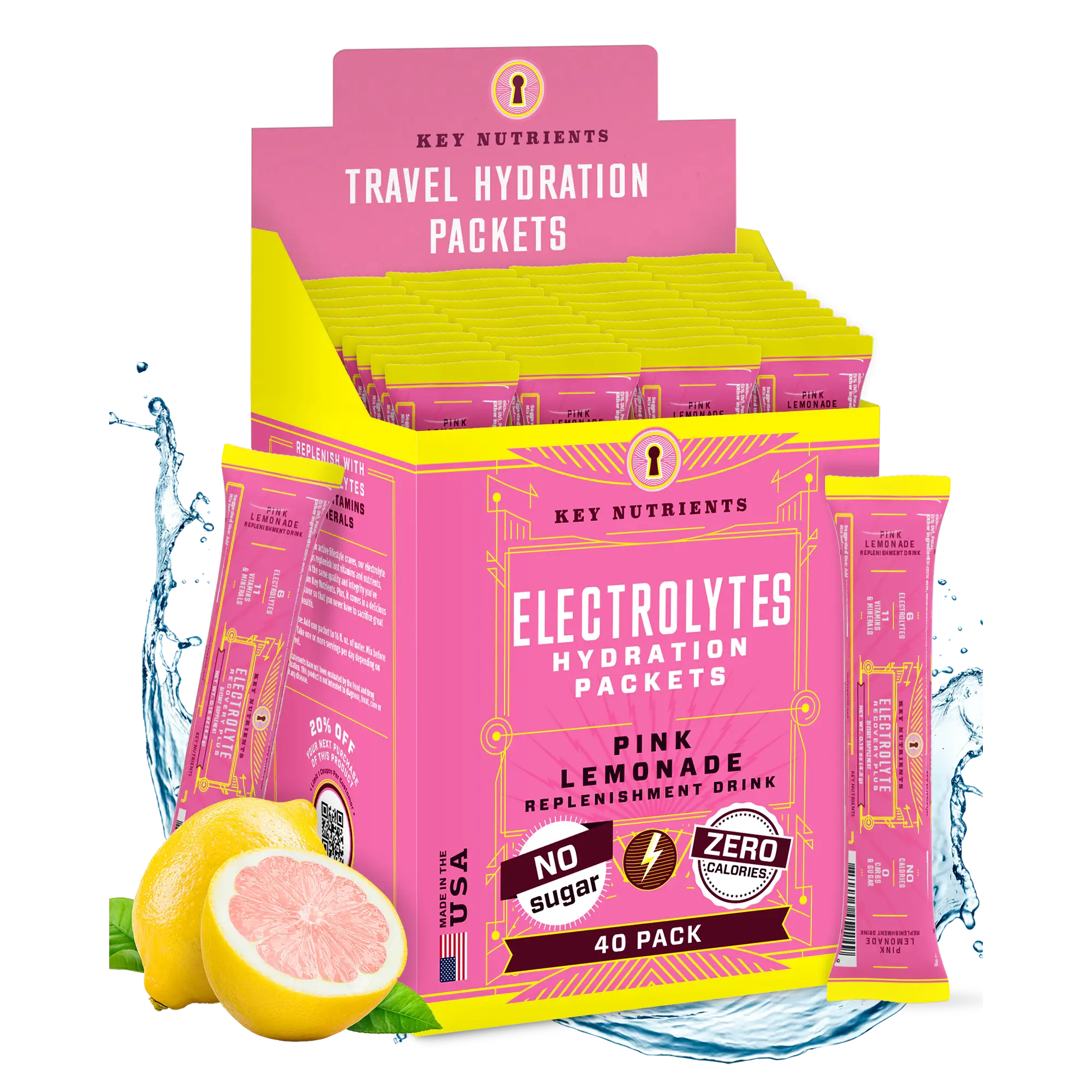 Pink Lemonade sugar-free electrolyte recovery packets, 40-pack travel set