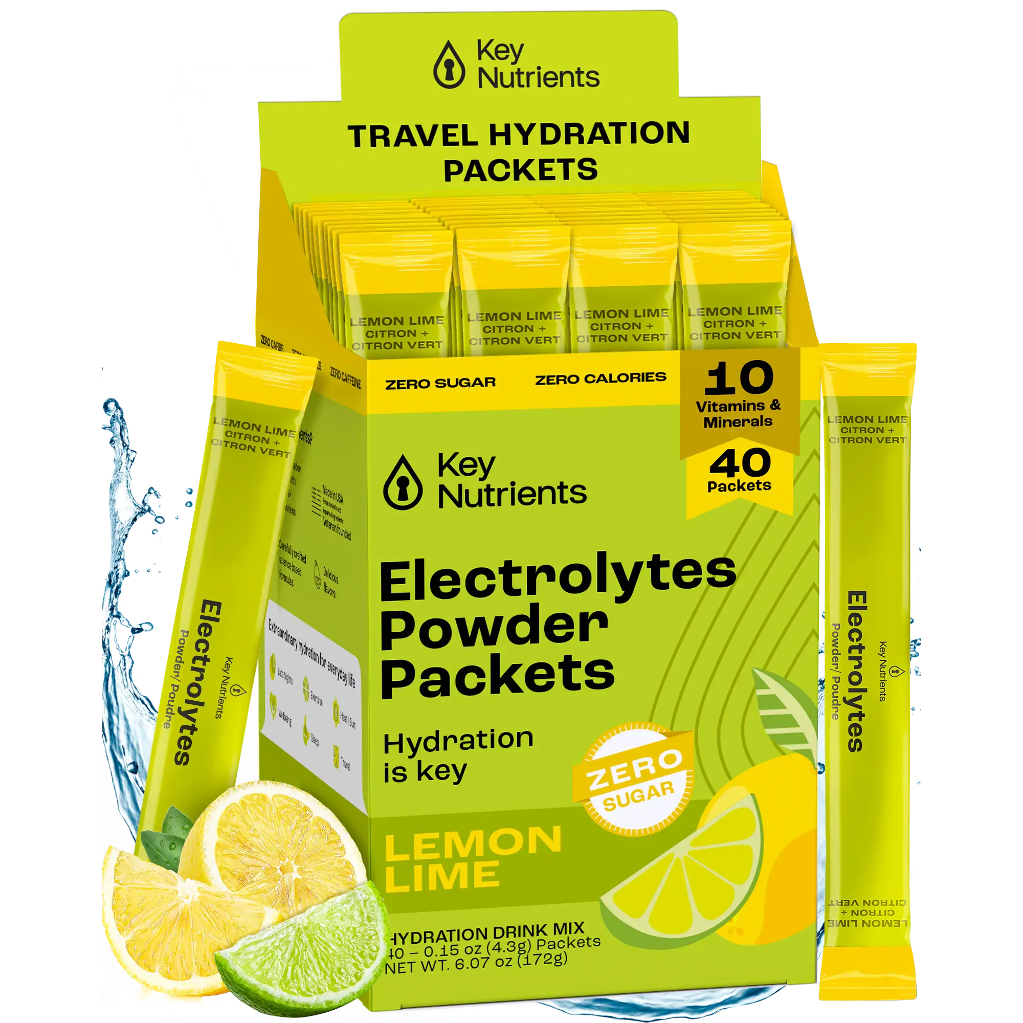 Electrolytes Powder Packets – Lemon Lime, zero sugar, travel hydration packets