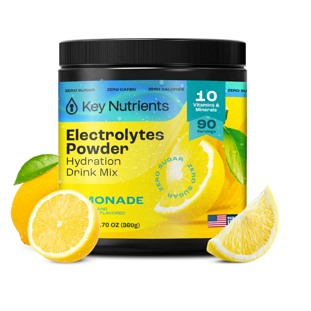 Electrolytes Powder Hydration Drink Mix in jar, Lemonade flavor, with citrus pieces