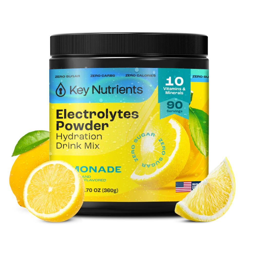 Electrolytes Powder Hydration Drink Mix in jar, Lemonade flavor, with citrus pieces
