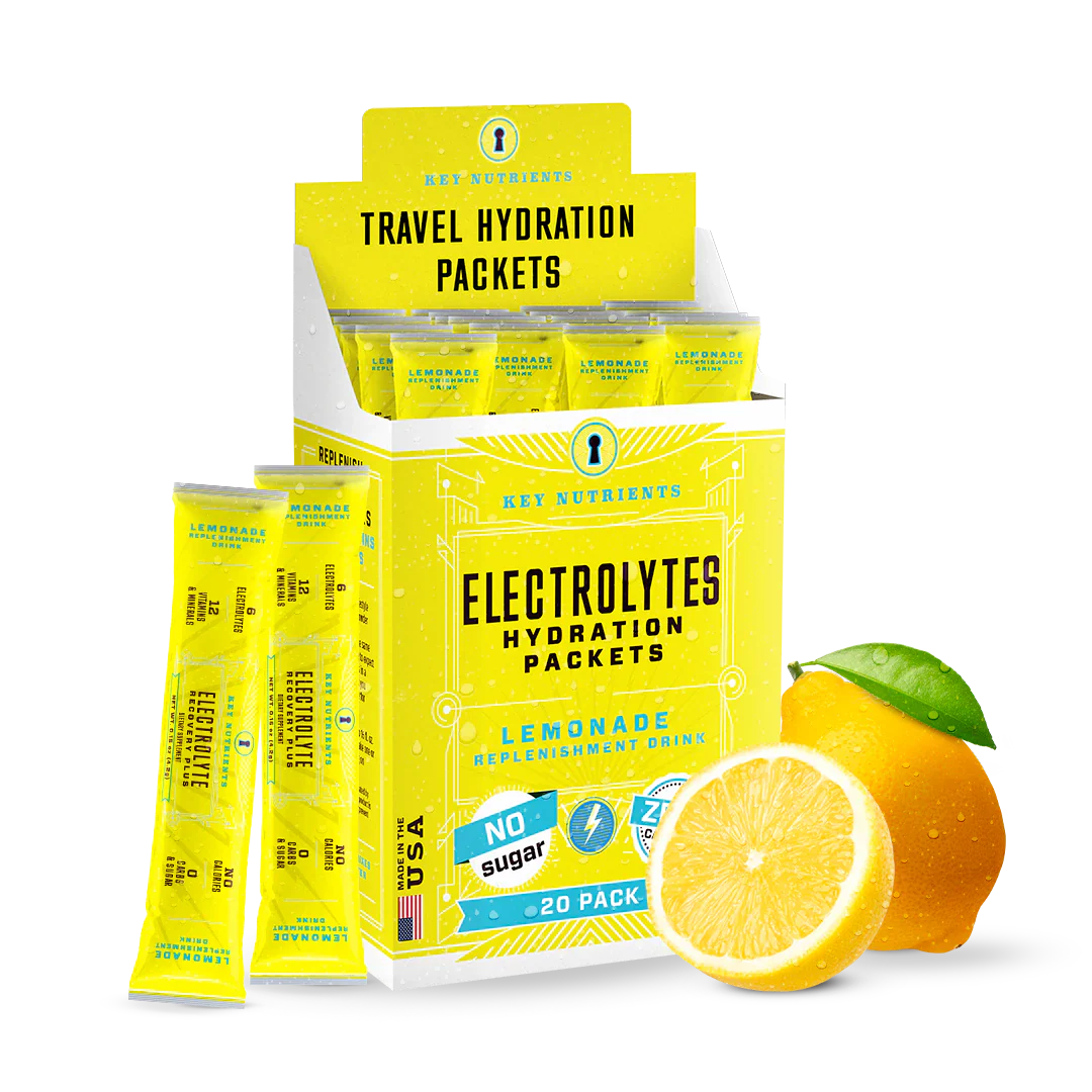 Electrolytes Hydration Packets (Sugar-Free) Lemonade, with packet boxes and lemon