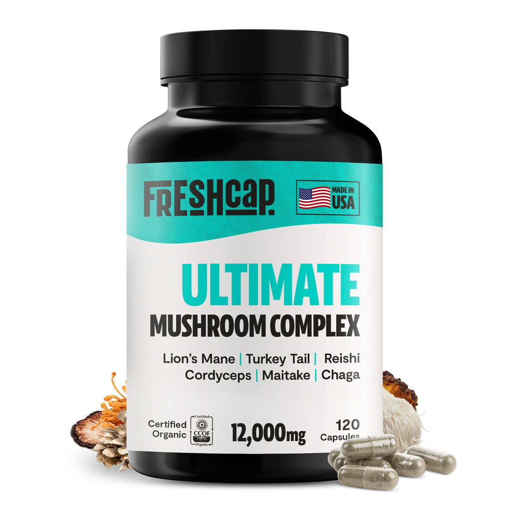 Ultimate Mushroom Complex supplement bottle with “Made in USA” and 120 capsules count