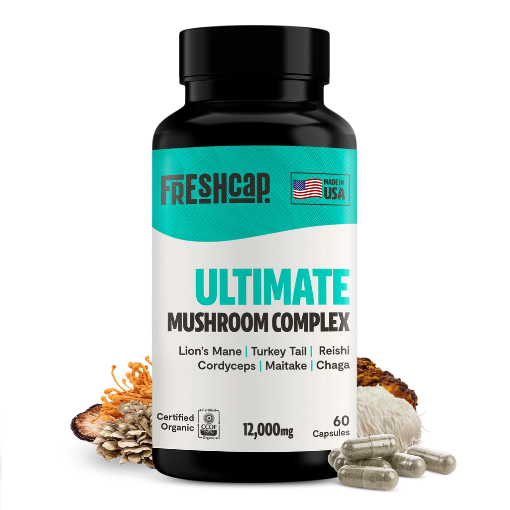 Ultimate Mushroom Complex bottle showing 12,000mg and 60 capsules