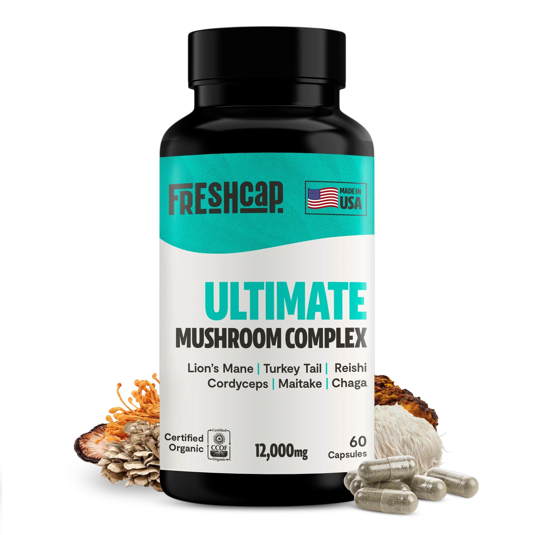 Ultimate Mushroom Complex bottle showing 12,000mg and 60 capsules