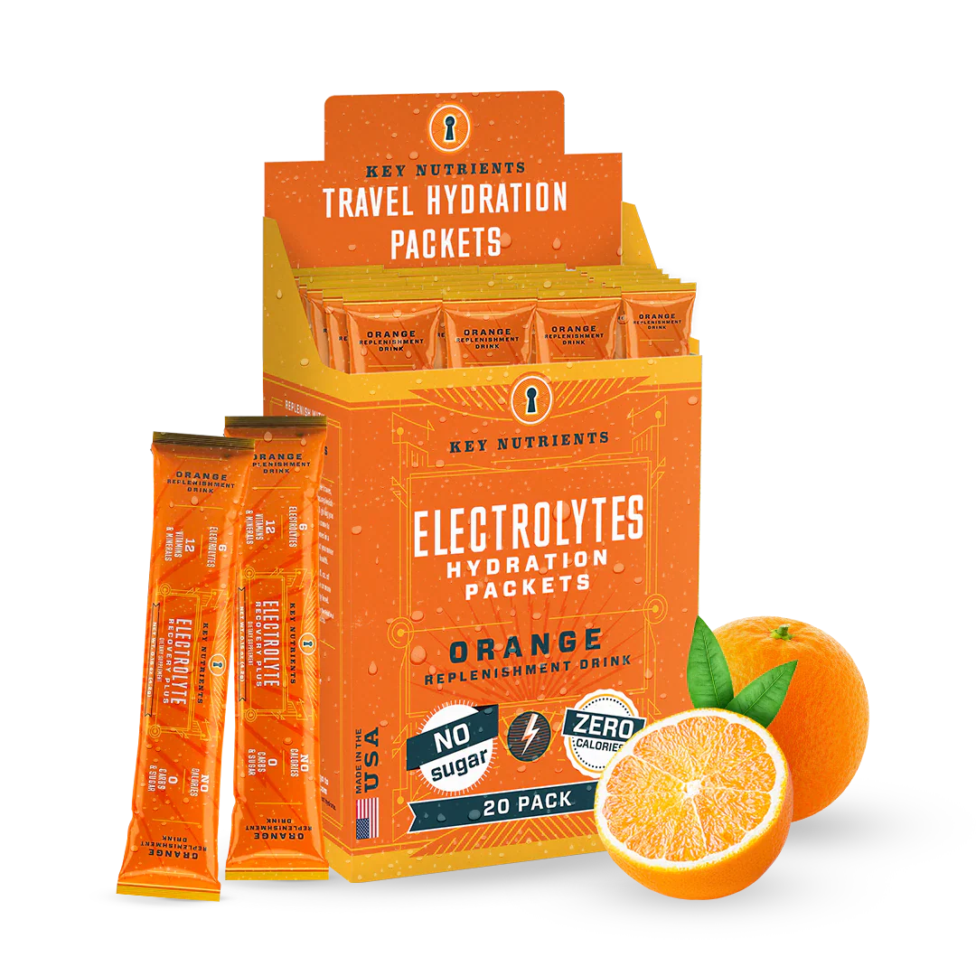 Orange sugar-free electrolyte recovery packets, travel hydration box