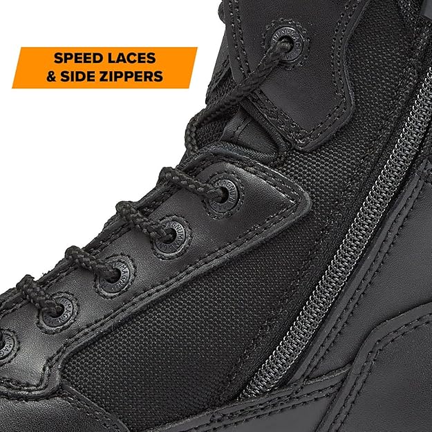 Black tactical boot with speed laces and side zipper detail