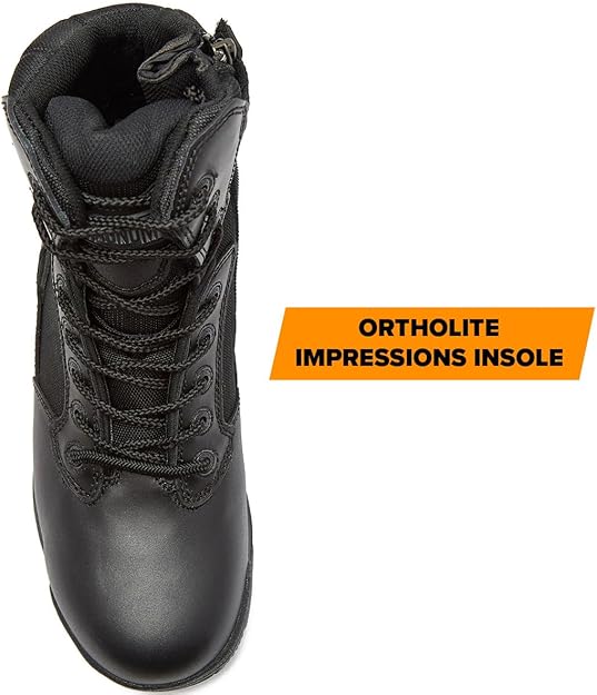 Black boot with padded tongue and Ortholite impressions insole