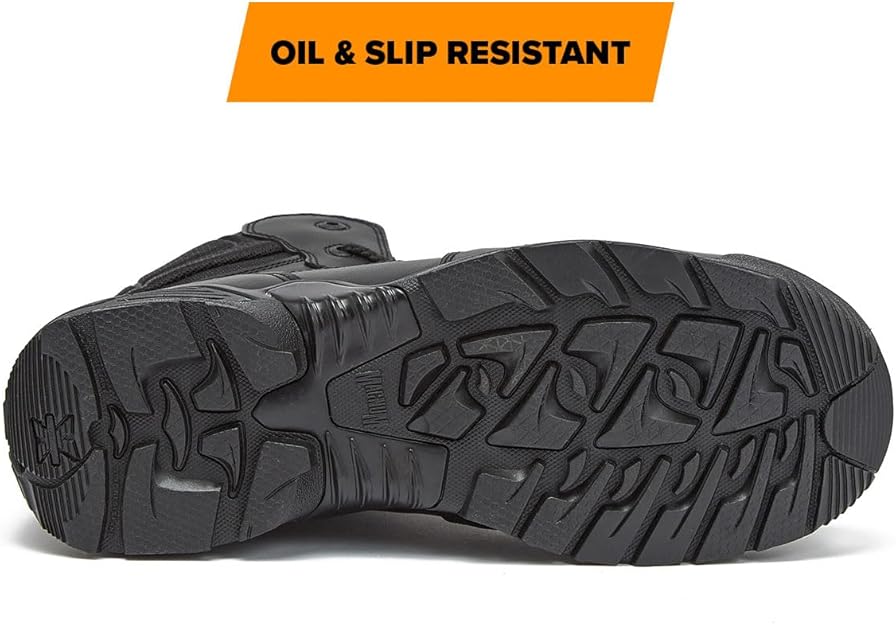 Black oil- and slip-resistant outsole with deep tread pattern