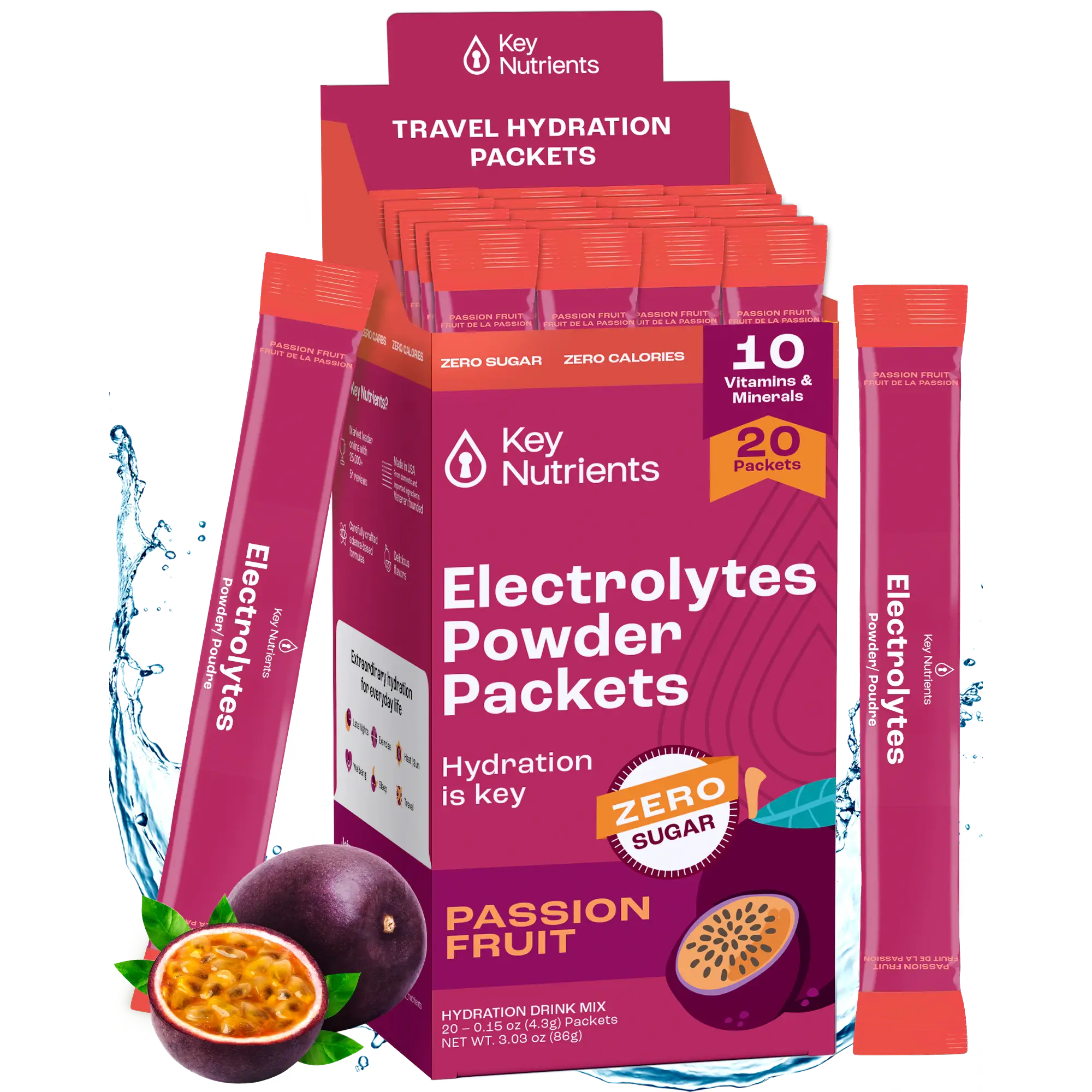 Electrolytes Powder Packets – Passion Fruit, sugar-free travel hydration packets