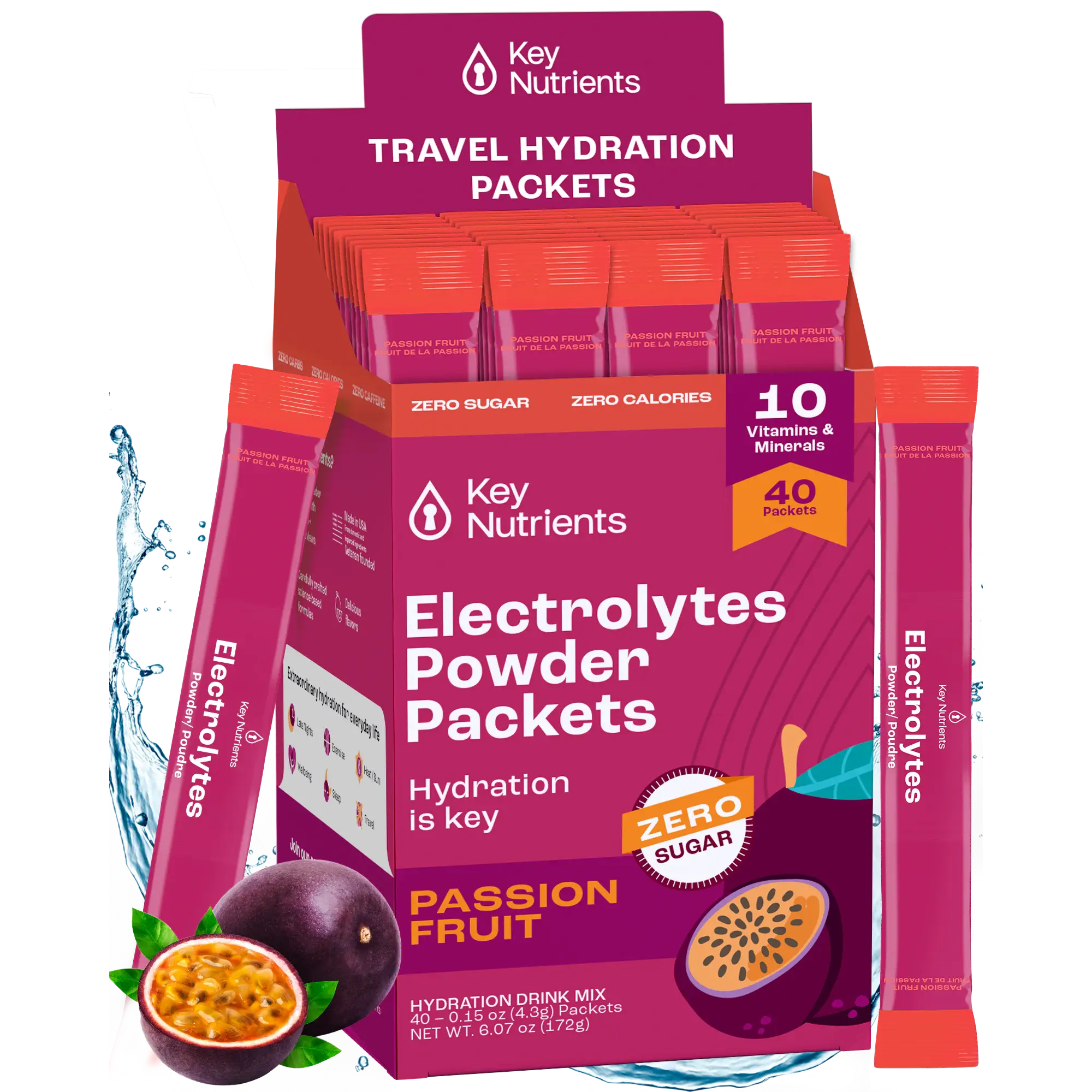 Electrolytes Powder Packets in box and sticks, Passion Fruit flavor, zero sugar