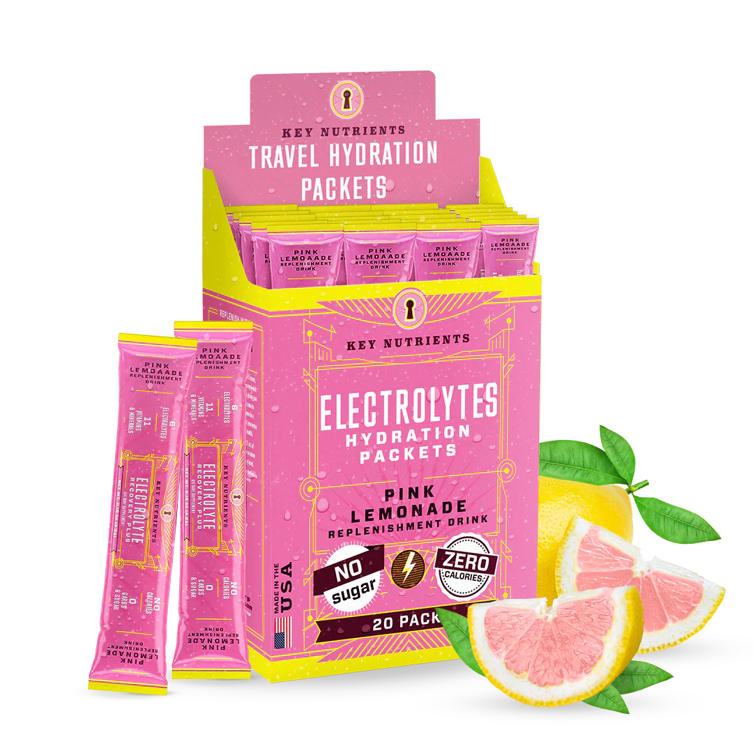 Electrolyte recovery packets, Pink Lemonade flavor, sugar-free travel box