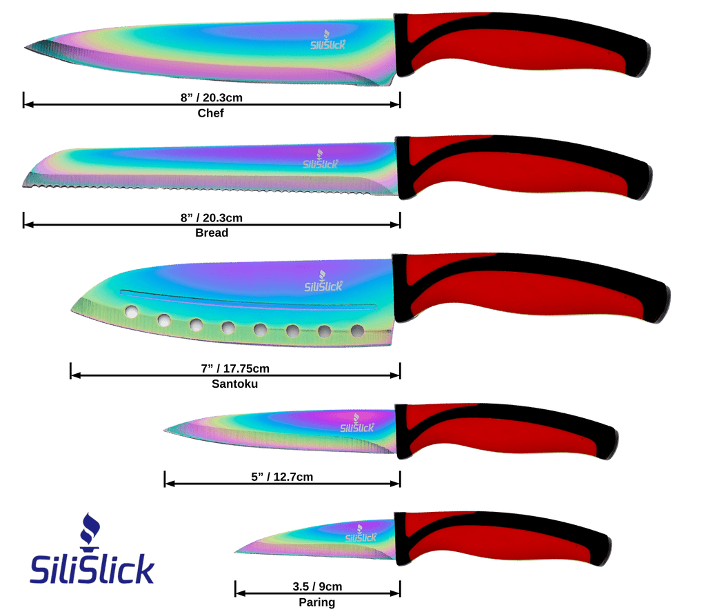 SiliSlick knife set size guide: 5 blades with red handles and rainbow finish