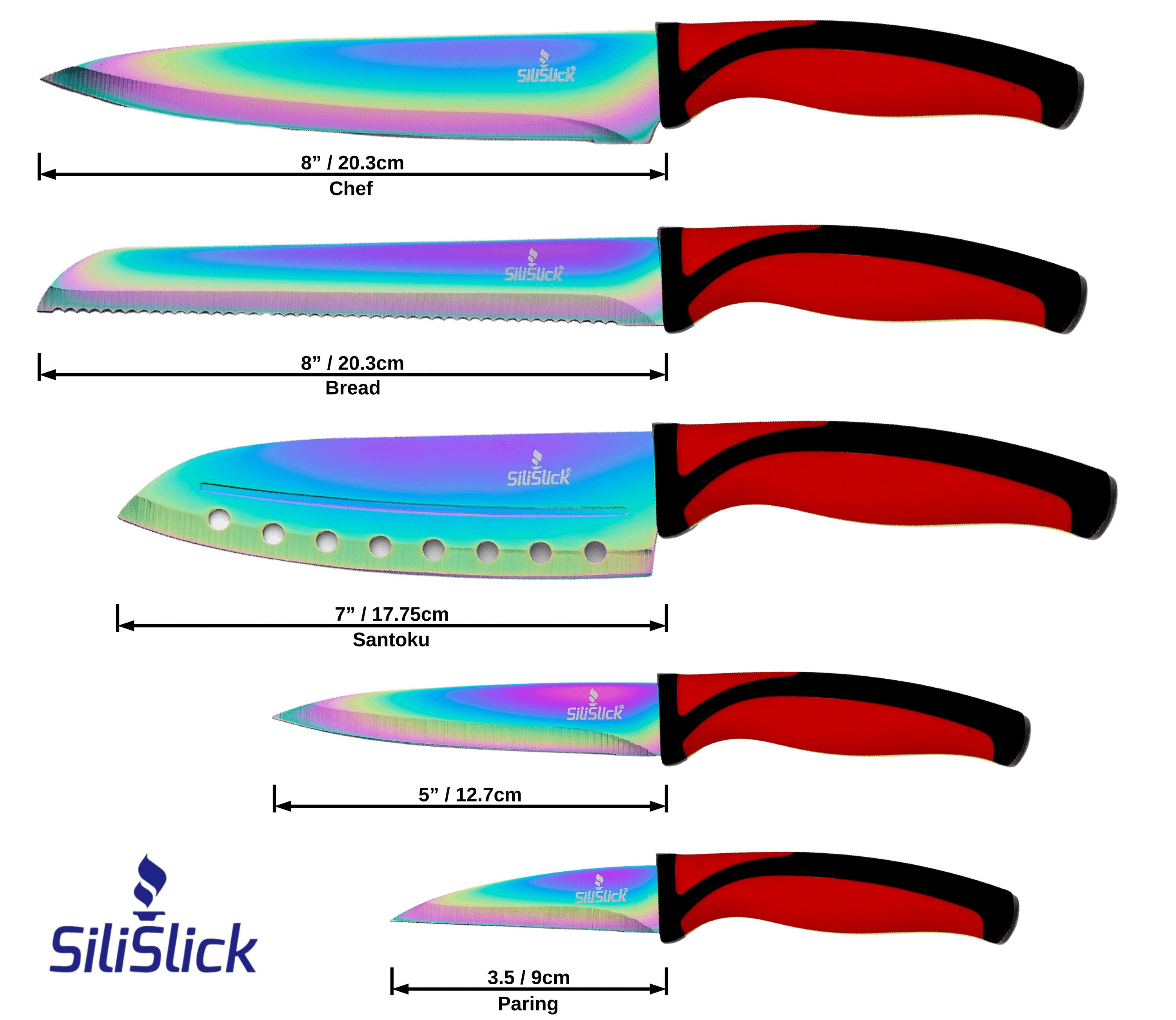 SiliSlick knife set size guide: 5 blades with red handles and rainbow finish