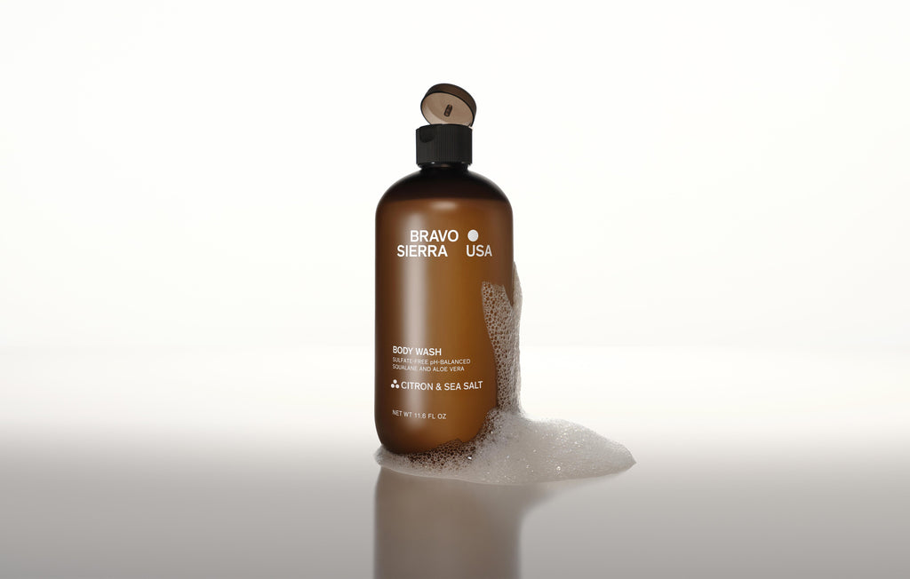 BODY WASH Citron & Sea Salt, braune Flasche mit Pumpkopf, Schaum