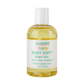 Organic baby oil bottle, white cap; amber liquid; Baby Soft label, 4 fl oz/119 ml