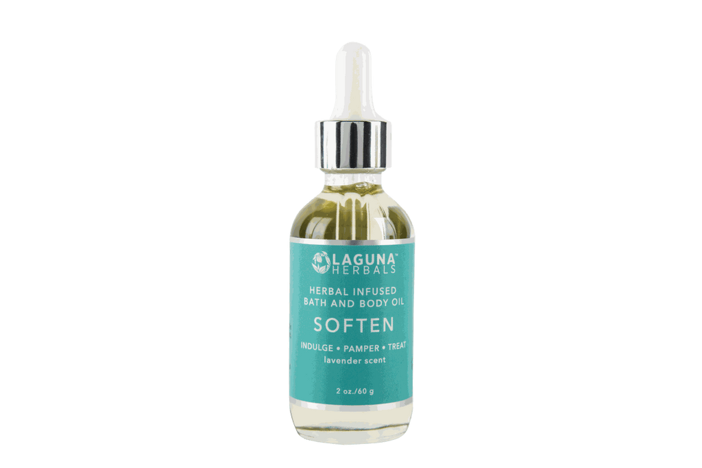 Soften body oil bottle with lavender-scent label and dropper top