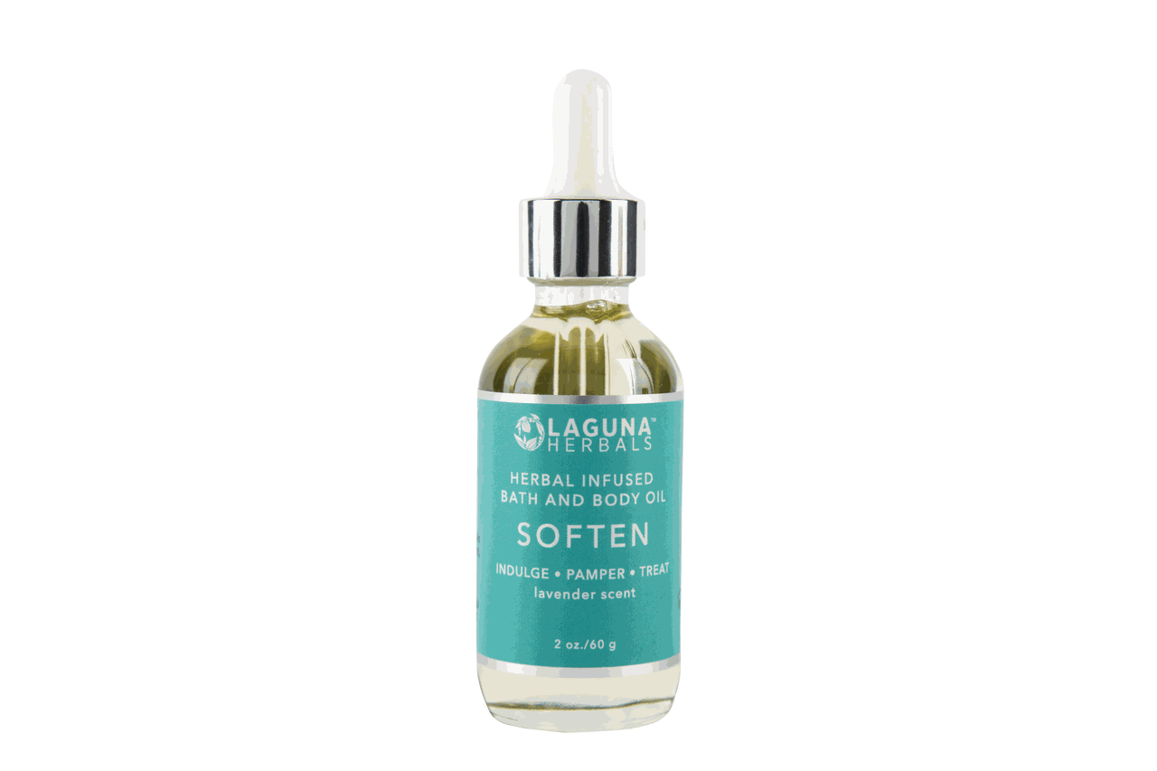 Soften body oil bottle with lavender-scent label and dropper top