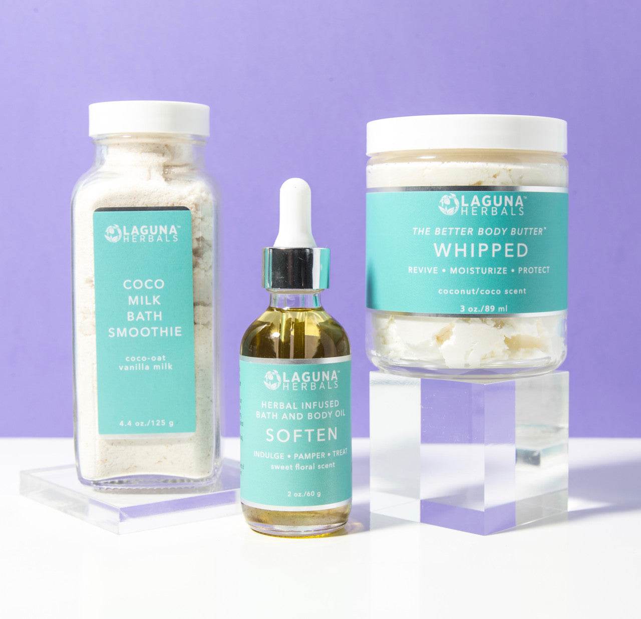 Coco Milk Bath Smoothie + Softened whipped body butter y aceite herbal en frascos