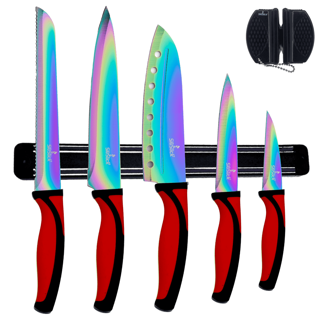Kitchen knife set with black magnetic rack; red handles and multi-color blades
