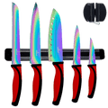 Kitchen knife set with black magnetic rack; red handles and multi-color blades