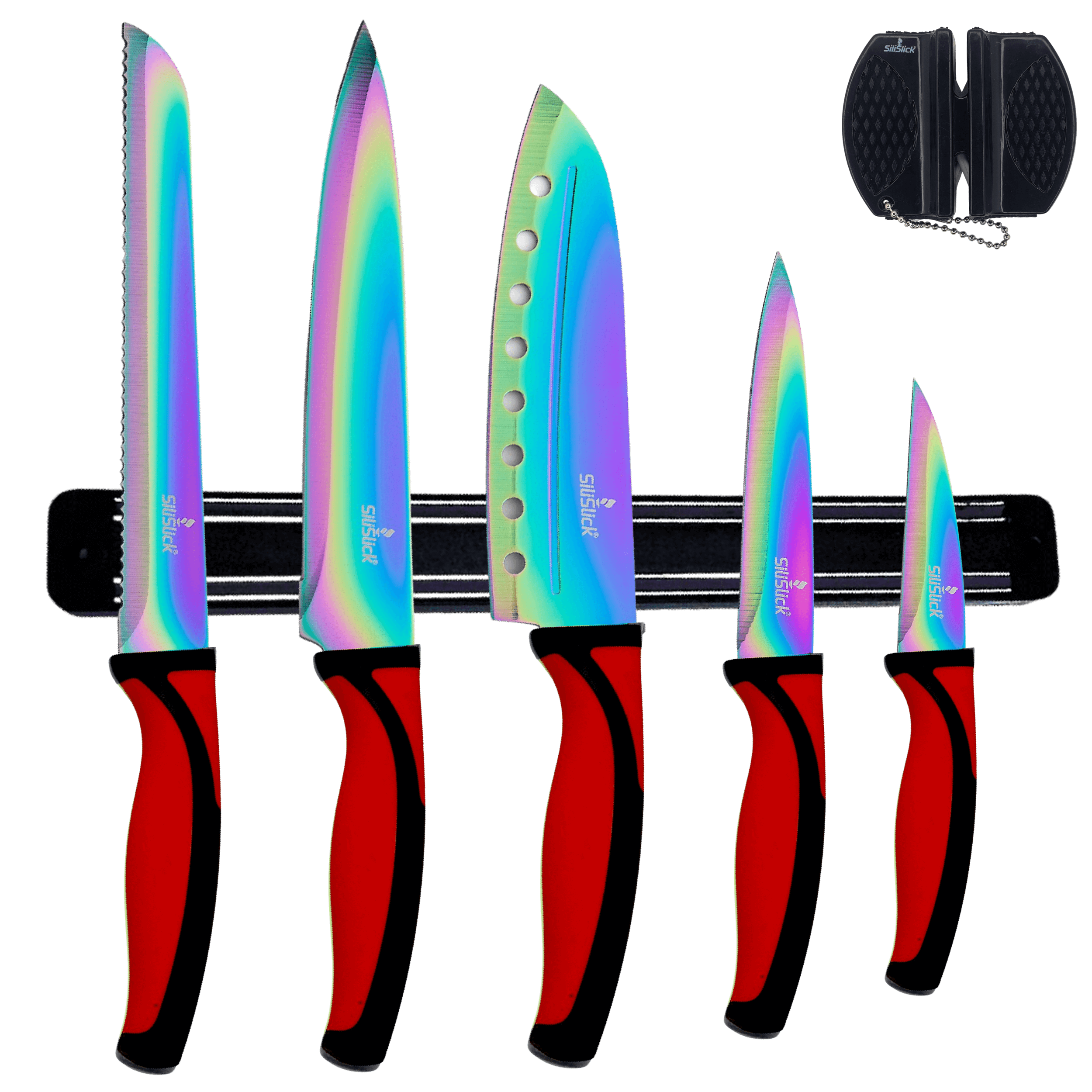 Kitchen knife set with black magnetic rack; red handles and multi-color blades