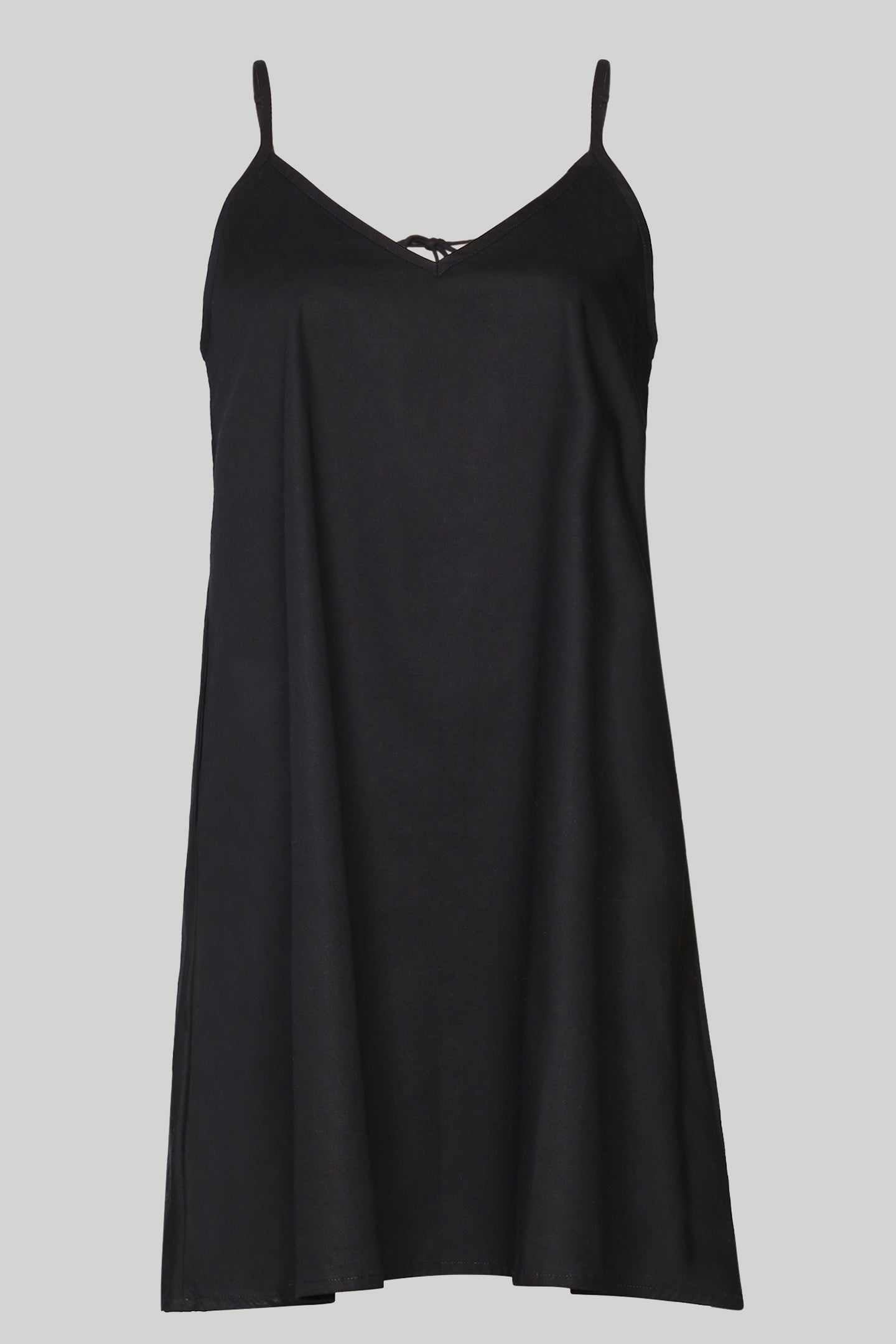 Black short tent dress layflat, open back with crisscross strap ties